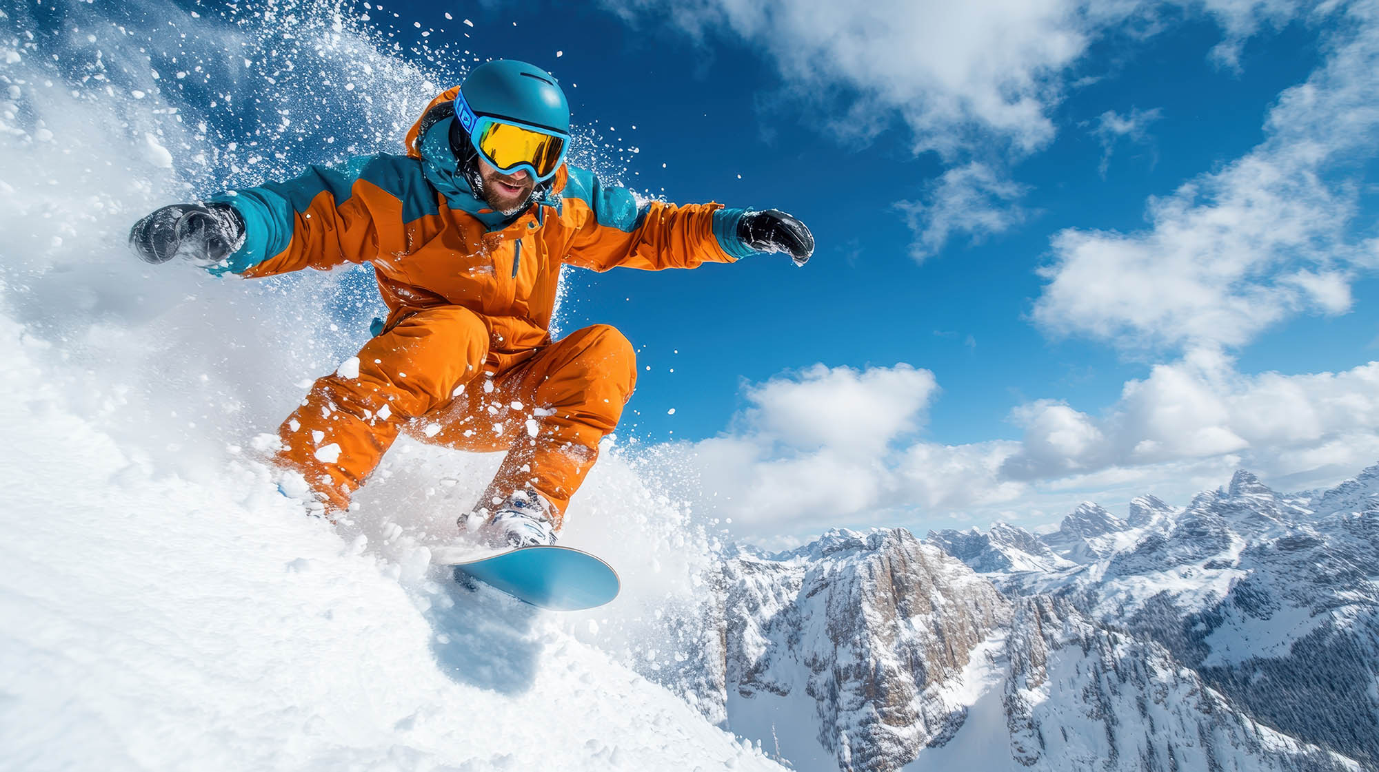 Traveller in snowy mountain landscape